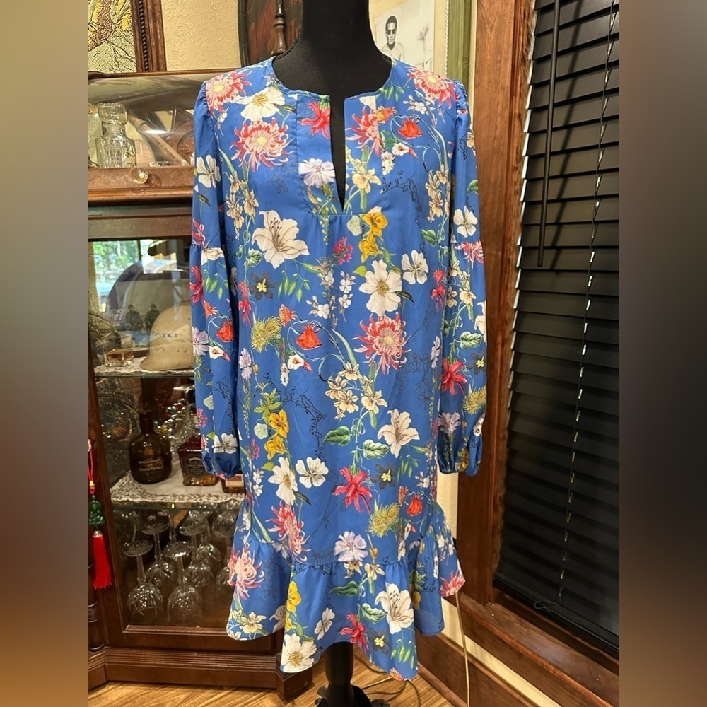 Parker Blue Flower Bohemian Mini Dress Long Puff Sleeve M